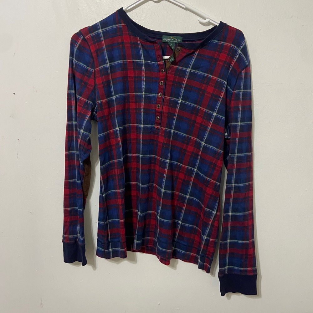 Lauren Ralph Lauren Plaid Henley Top Red Navy Blue Elbow Patches Womens Large